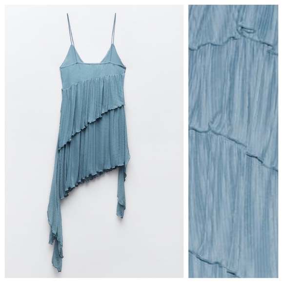 🌹NWT. Zara Light Blue Pleated Asymmetric V-Neck Mini Dress. Size L. - Picture 8 of 13